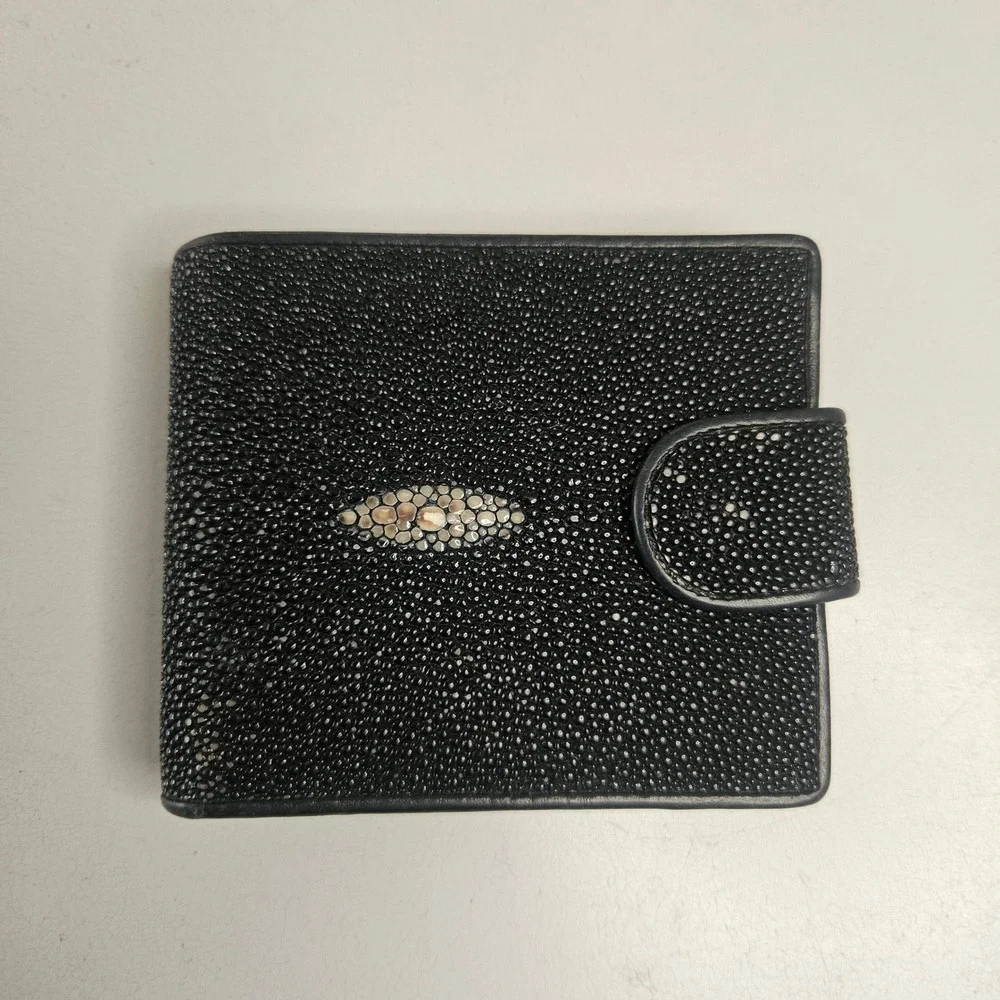 Infinity Genuine Stingray Skin Bifold Wallet Black Exotic Leather Kiss Lock Coin